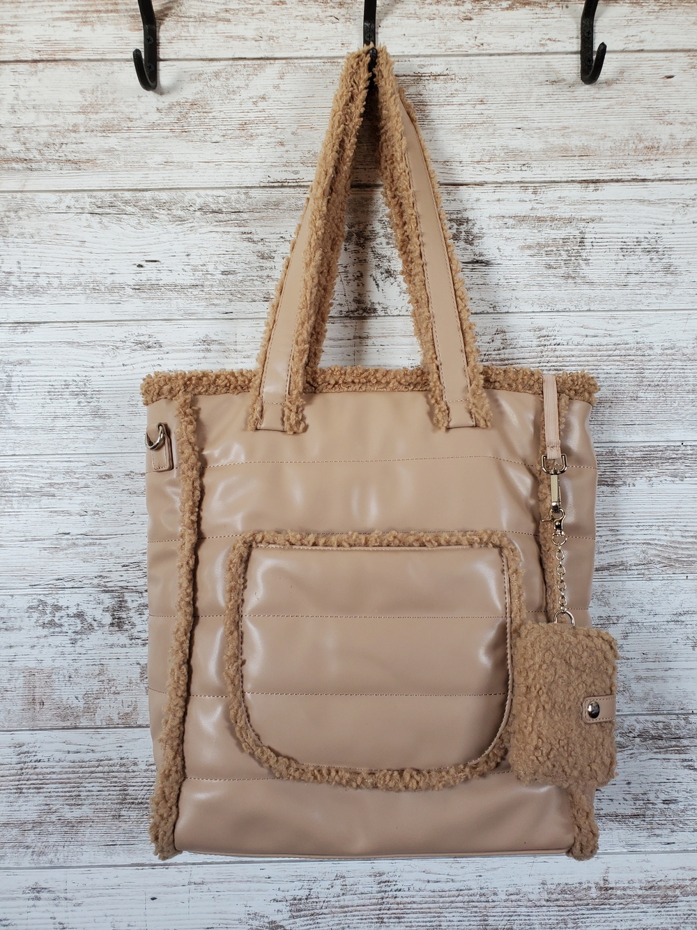 Aspen Tan Puffy Quilted Tote Bag with Sherpa Trim & Card Holder